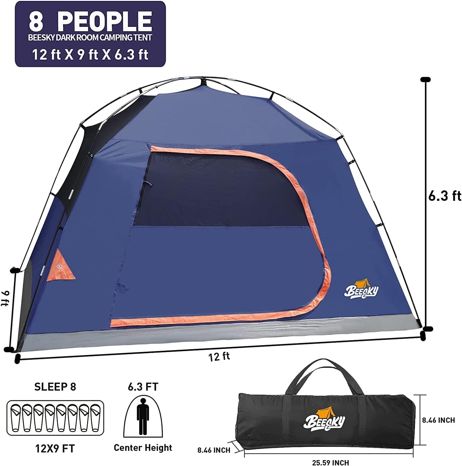 8 Person Waterproof Dome Tent with Carry Bag I269