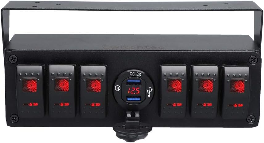 RED 6 Gang Rocker Toggle Switch Panel with USB Charger & Voltmeter, Pack of 2 S80987