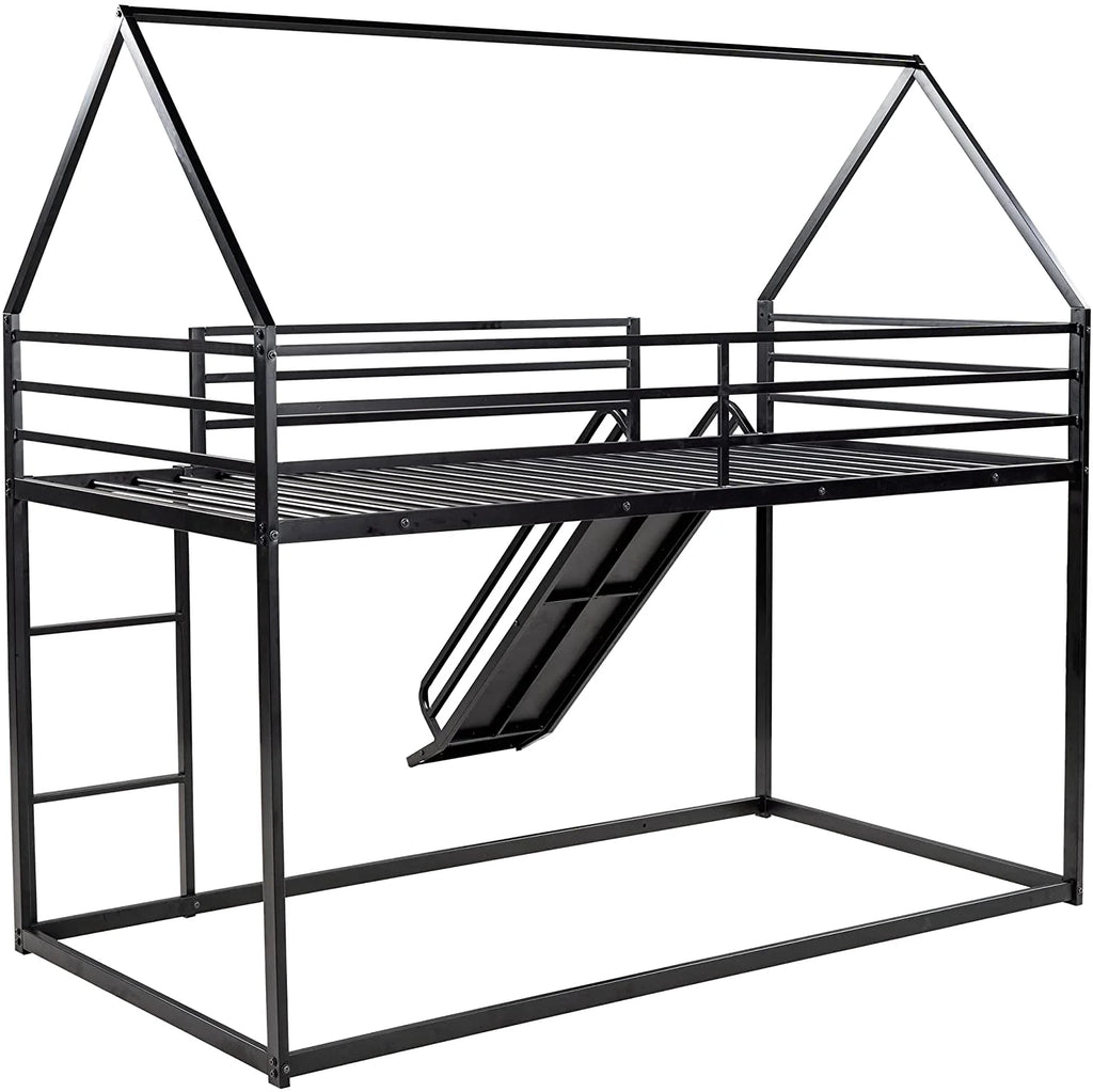 Black Metal Frame Floor Bunk Bed with Slide and Built-In Ladder J27250
