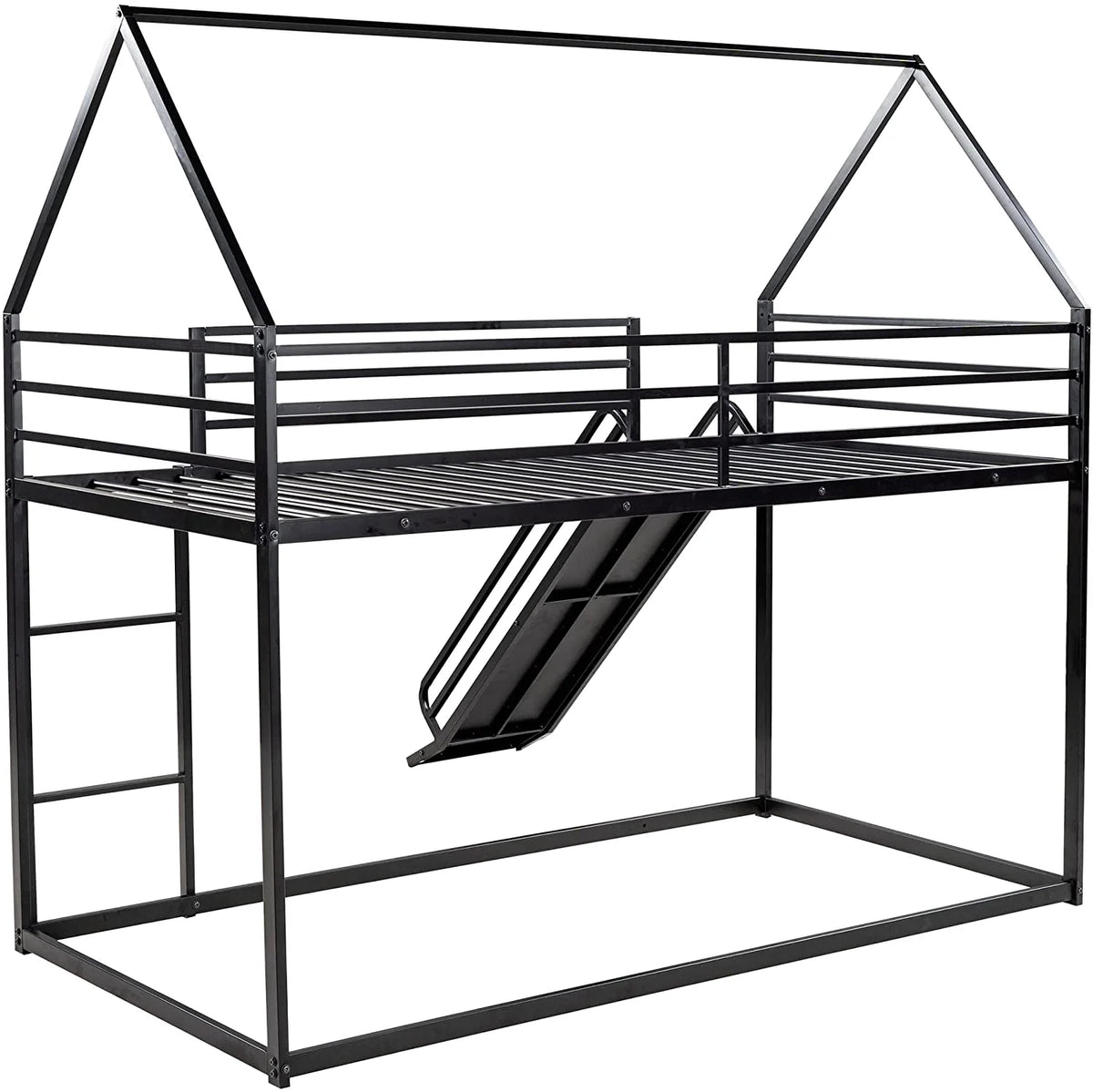 Black Metal Frame Floor Bunk Bed with Slide and Built-In Ladder J27250