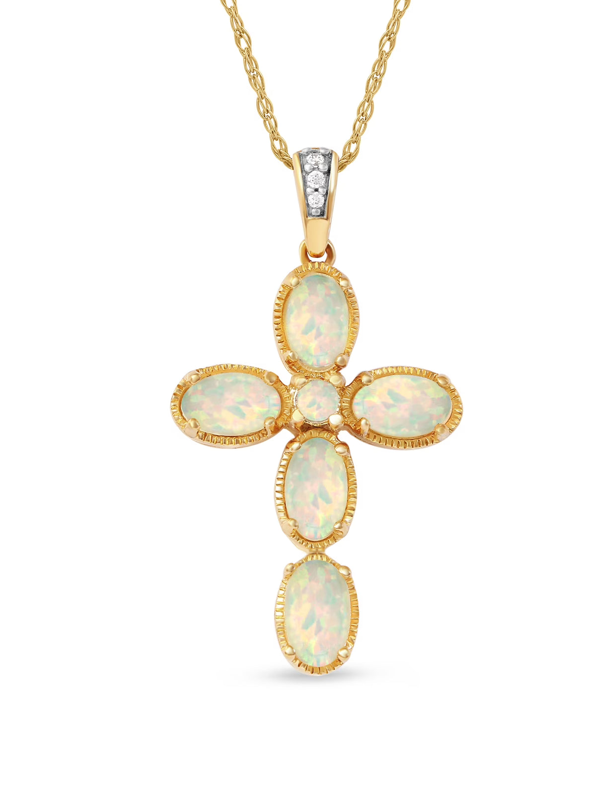 10k Yellow Gold Oval Cut Ethiopian Opal Cross Necklace D11047