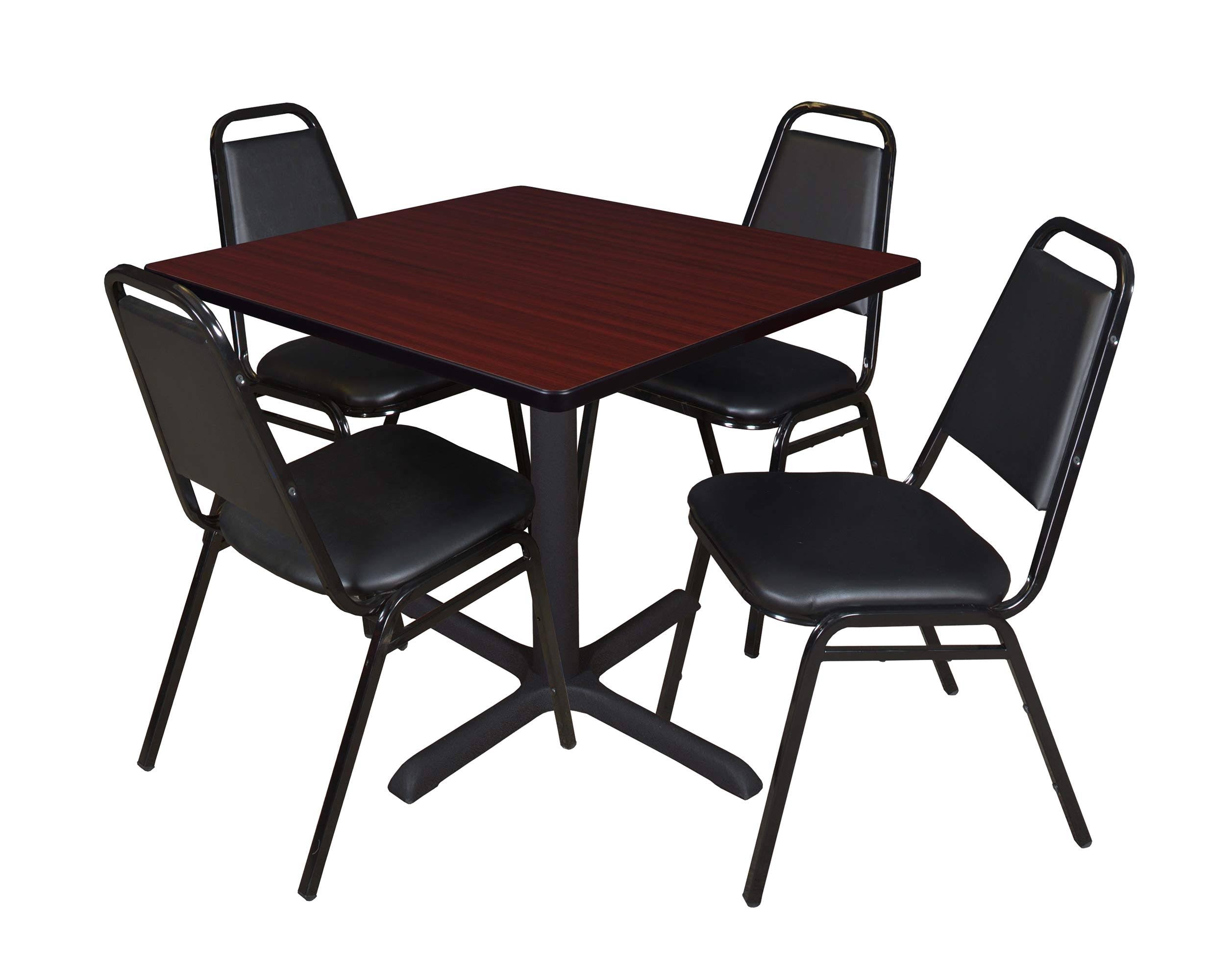 Mahogany Square Breakroom Table and 4 Black Restaurant Stack Chairs X102