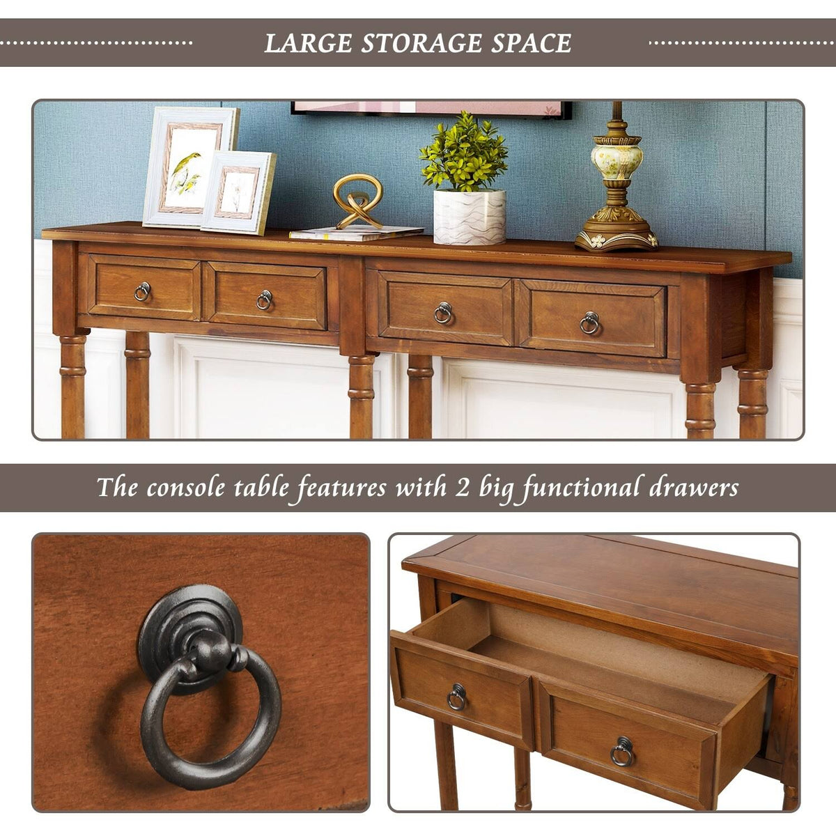 Walnut Rectangular Console Table with Drawers and Long Shelf C435787