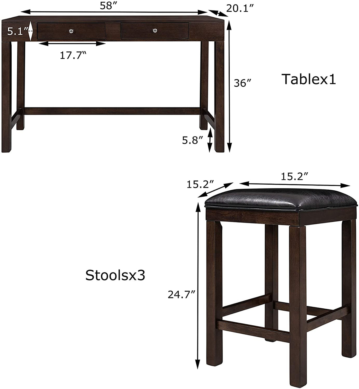 4-Piece Counter Height Dining Table Set with 3 PU Leather Padded Stools T72159